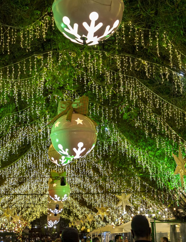Christmas baubles on the famous covered street in the tourist city of Gramado.